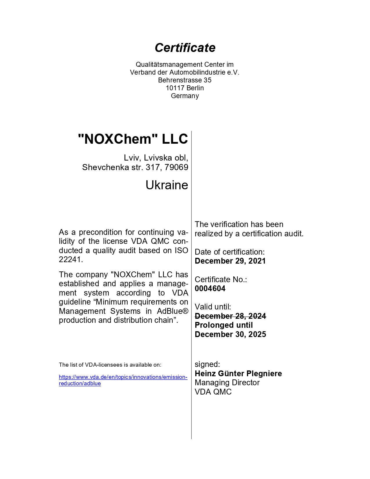 Certificate AdBlue